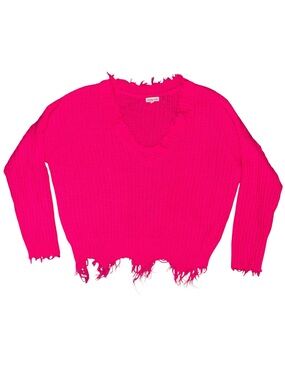 Mainstrip Hot Pink Distressed V-Neck Sweater